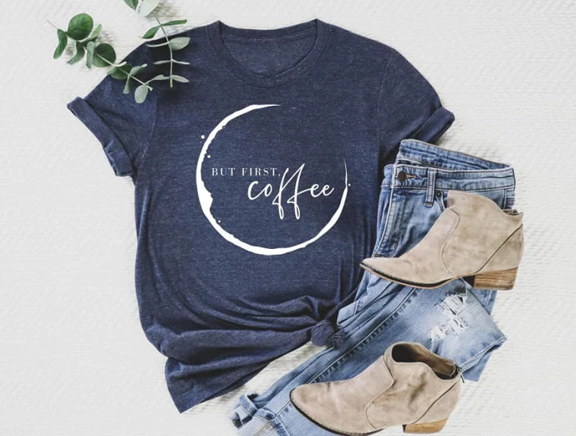 But First Coffee Heather Blue T-Shirt, But First Coffee Stain Heather Blue Tee With White Lettering