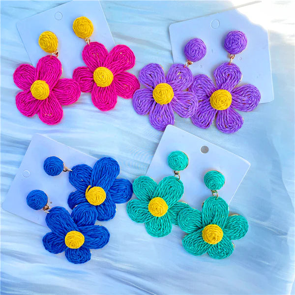 Rafia Summer Earrings, Hot Pink Straw Floral Drop Earrings, Purple Straw Floral Earrings, Bright Blue Straw Floral Earrings,