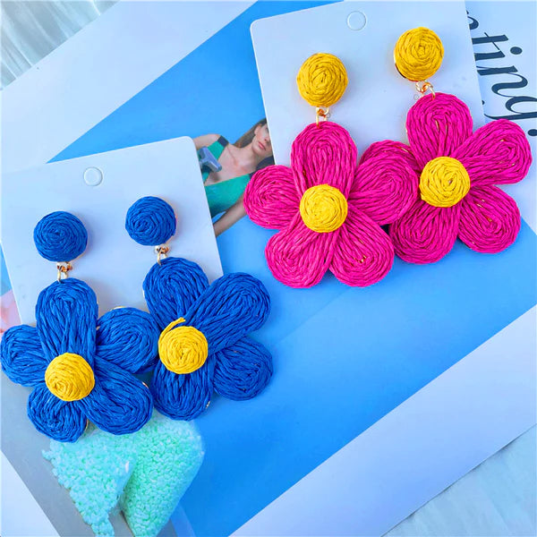 Hot Pink Straw Floral Earrings, Hot Pink with Yellow Center Straw Drop Earrings, Hot Pink Straw Floral Drop Earrings