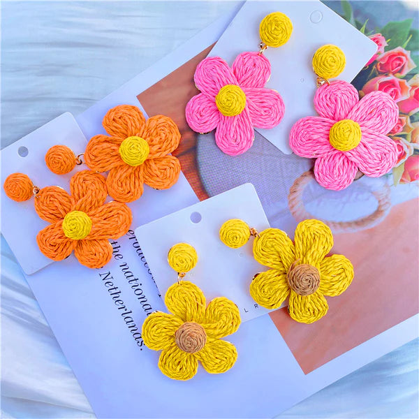 Bright Yellow Straw Floral Drop Earrings, Orangs Straw Floral Drop Earrings