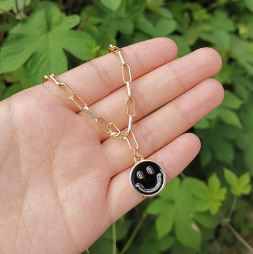 Summer Smiley Face Necklace, Summer Smiley Face Costume Jewelry, Summer Smiley Face Necklace in Black, Smiley Face 16" necklace.