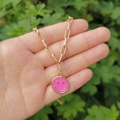 Summer Smiley Face Necklace, Summer Smiley Face Costume Jewelry, Summer Smiley Face Necklace in Pink, Smiley Face 16" necklace.