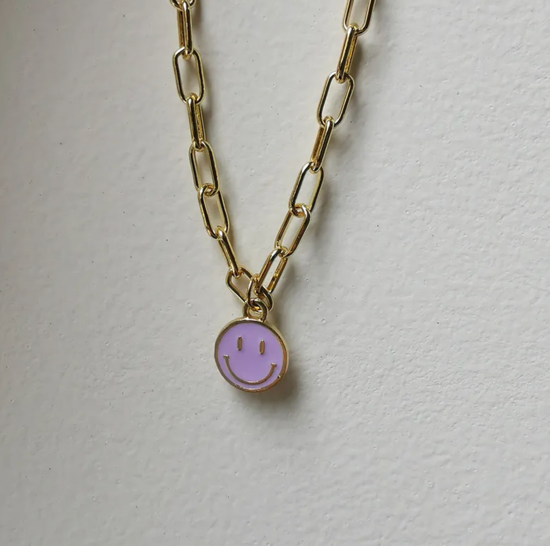 Summer Smiley Face Necklace, Summer Smiley Face Costume Jewelry, Summer Smiley Face Necklace in Purple, Smiley Face 16" necklace.
