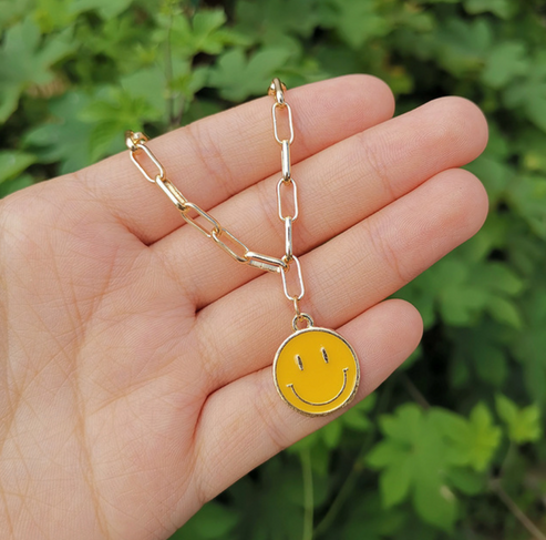 Summer Smiley Face Necklace, Summer Smiley Face Costume Jewelry, Summer Smiley Face Necklace in Yellow, Smiley Face 16" necklace.