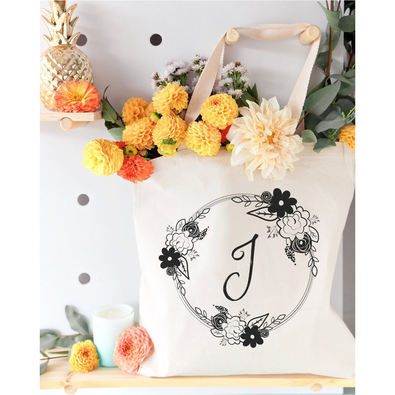 Monogram Floral Cotton Canvas Tote Bag