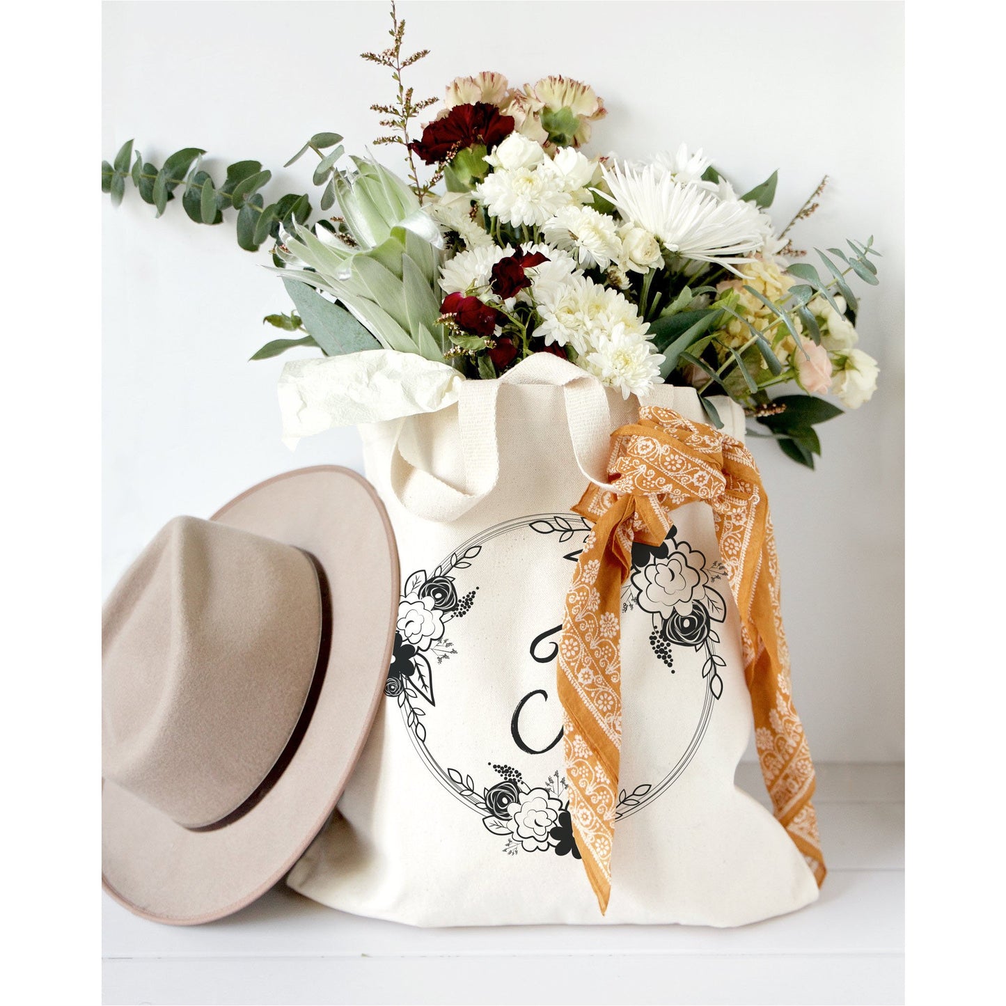 Monogram Floral Cotton Canvas Tote Bag