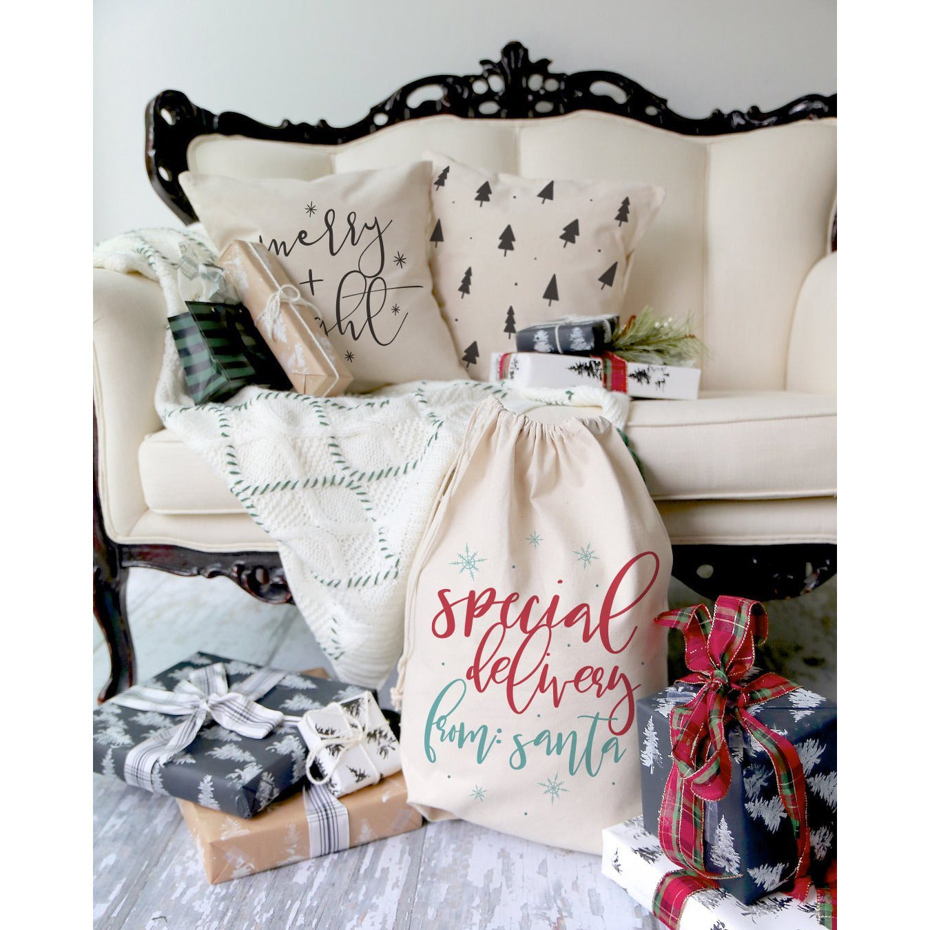 Merry and Bright Cotton Canvas Christmas Holiday Pillow Cover