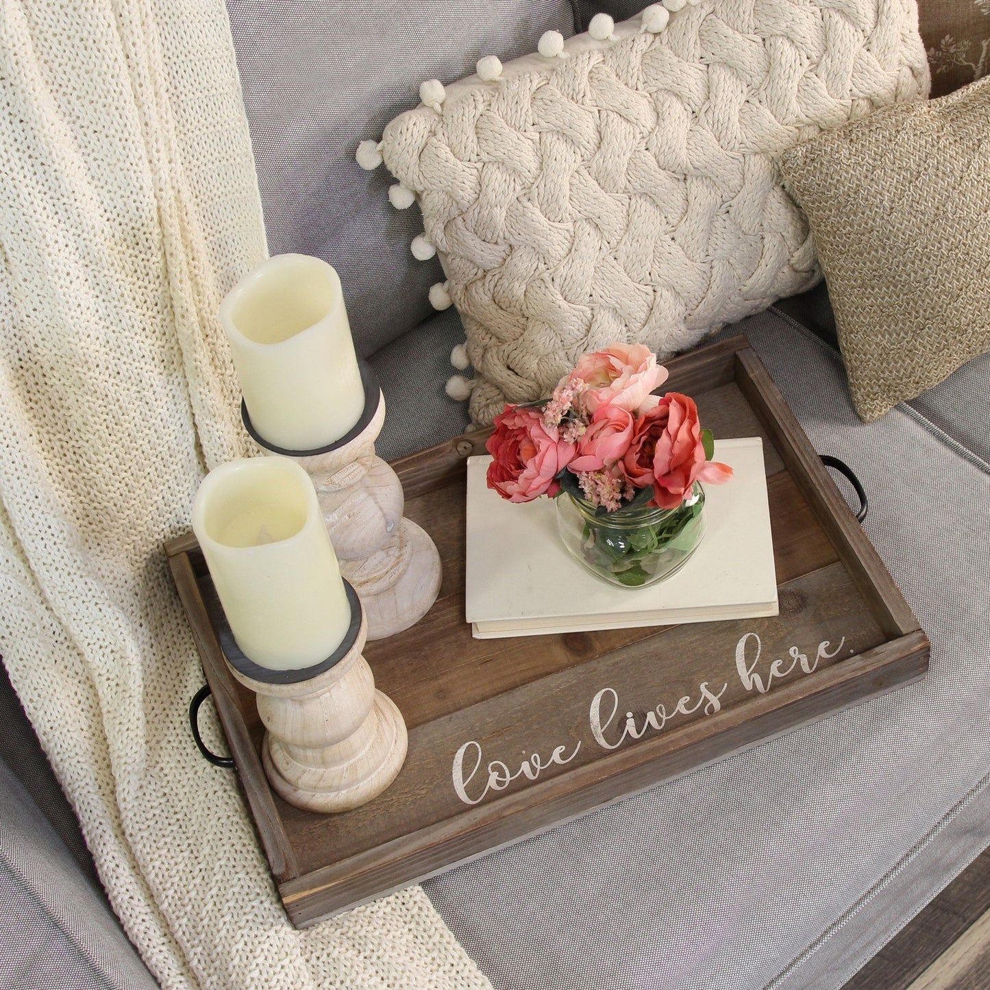 Love Lives Here Distressed Wood Tray Inspirational Home Decor One Clover Way