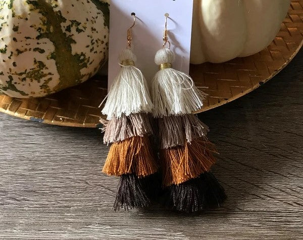 Four tier tassel earrings, Boho Style tassel earrings, Tan Orange Brown Tassel Earrings, Fall Tassel Earrings, 2.5 inch drop tassel earrings with French wire