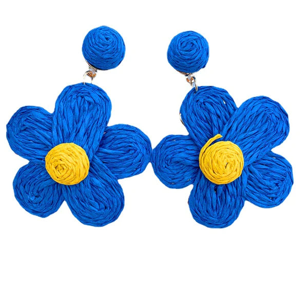 Bright Blue Straw Flower Earrings, Bright Blue with Yellow Center Flower Drop Earrings