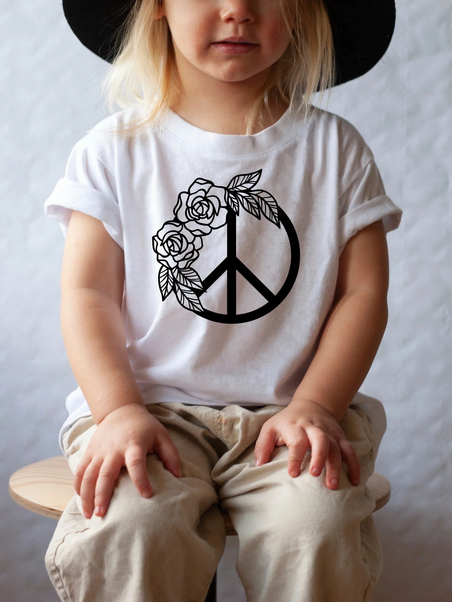 Retro Peace Kids Tee, Floral Peace Sign Toddler Tee, Floral Peace Sign Kids White T-Shirt With Black Letters