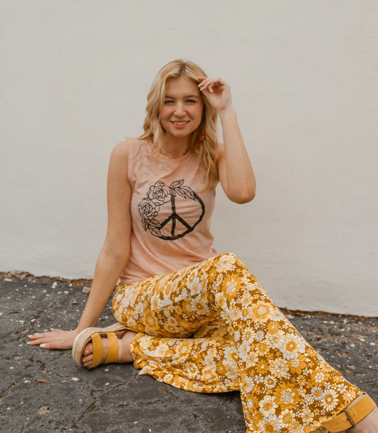 Floral Peace Sign T-Shirt, Floral Peace Sign Tee in Peach with Black Letters