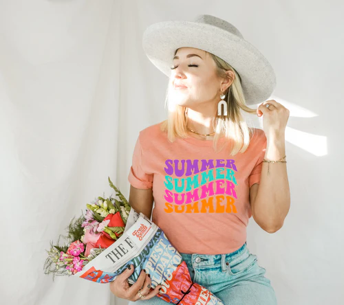 Summer Stacked Tee in Heather Orange, Multi-Colored Lettering Summer Stacked Tee