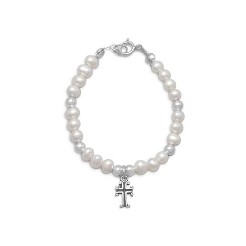 Freshwater Pearl and Silver Bead Bracelet with Cross