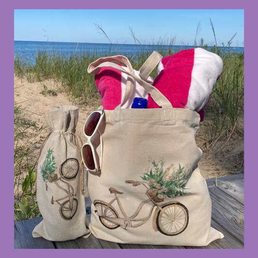 Floral Bike Watercolor Tote & Wine Bag Set