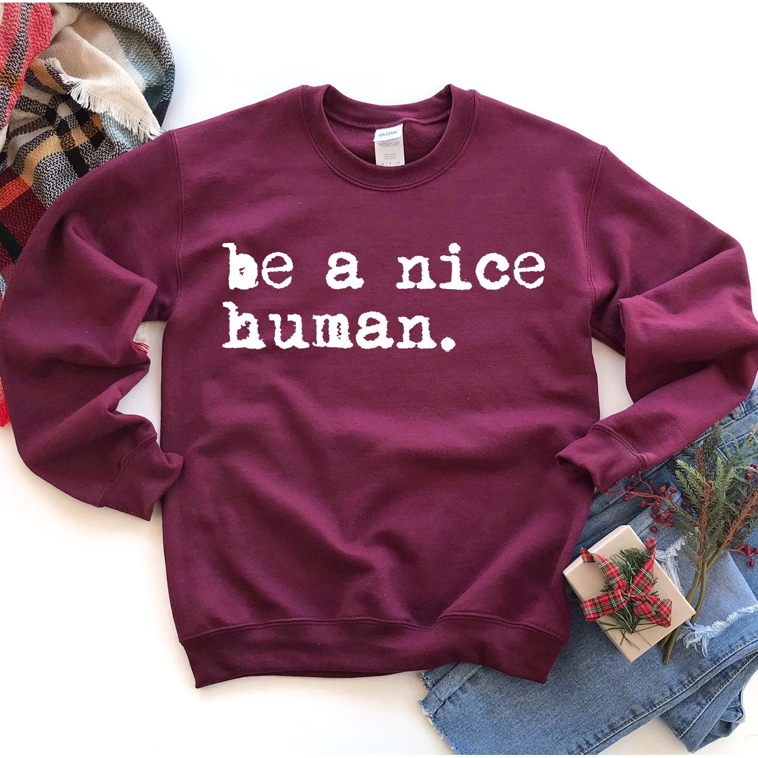 Purple Cozy Sweatshirt Inspirational Message Be A Nice Human Warmth Long Sleeve Crew Neck One Clover Way