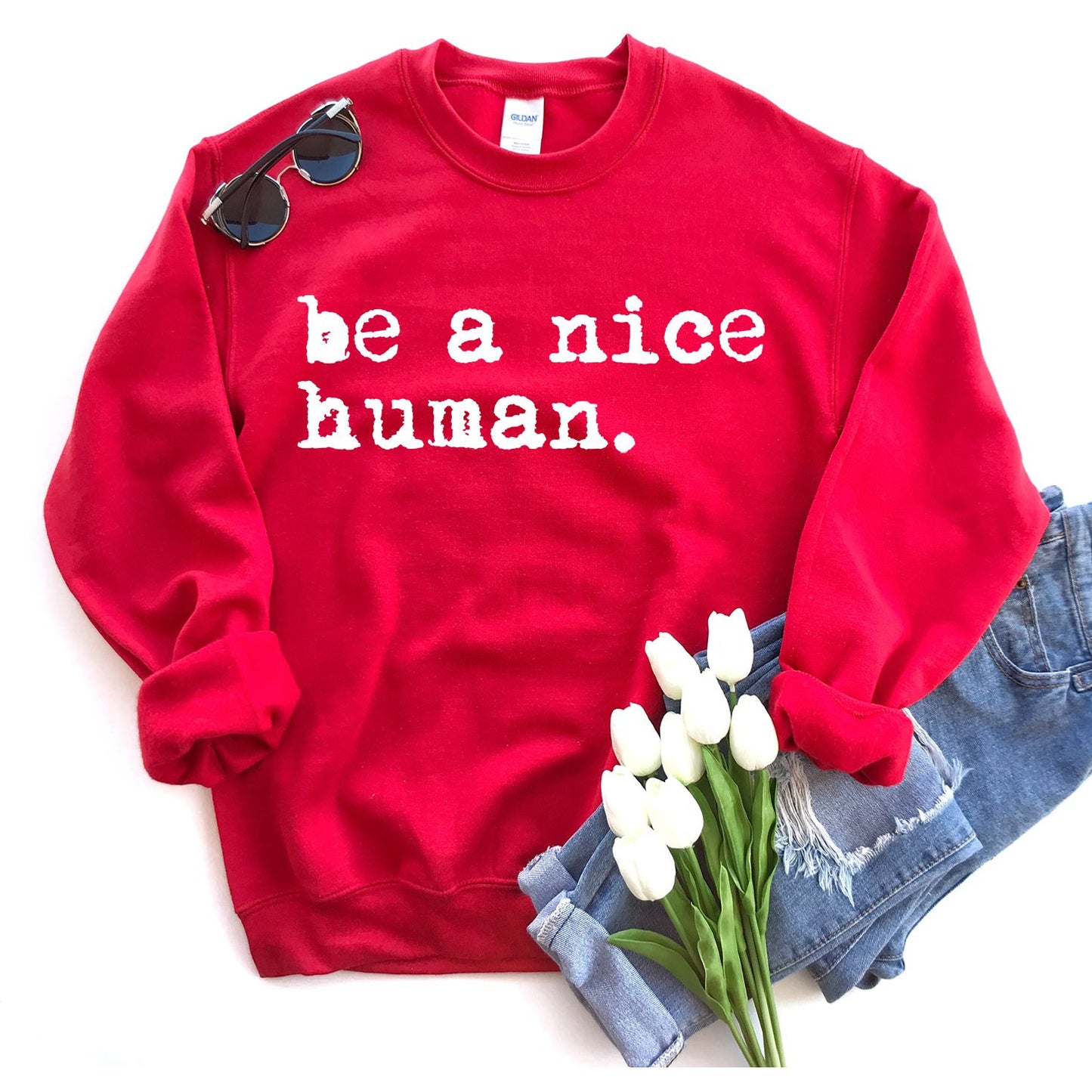 Stay Warm Long Sleeve Sweatshirt Fleece Crew Neck Hot Pink Be A Nice Human One Clover Way