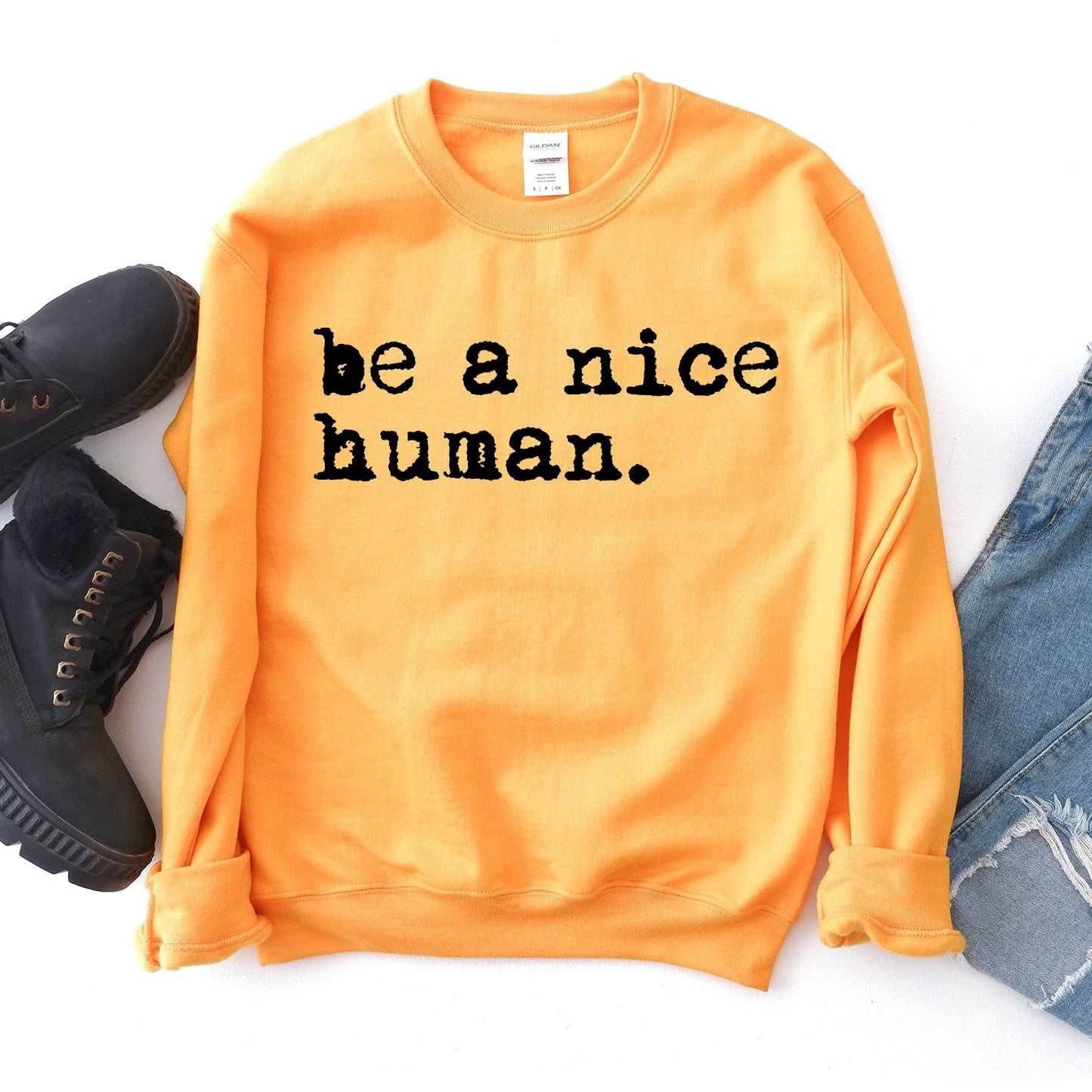 Yellow Warm Cozy Sweatshirt Be A Nice Human Inspirational Message Long Sleeve Crew Neck One Clover Way