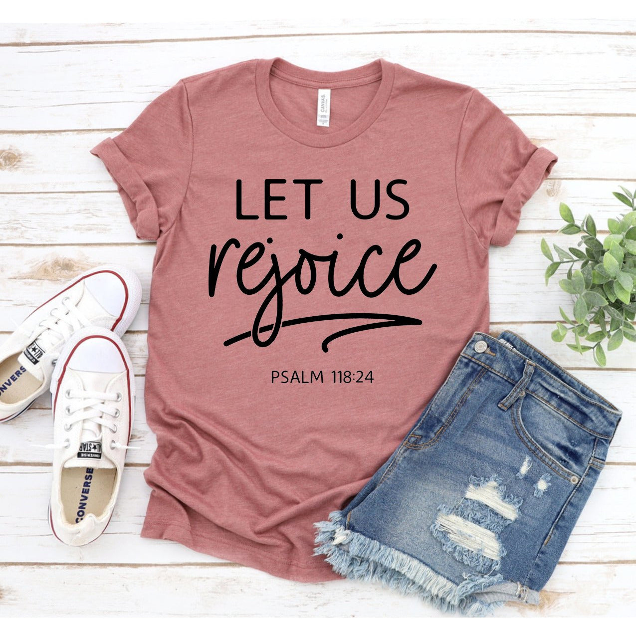 Inspirational Apparel Bible Verse T-Shirt Let Us Rejoice One Clover Way