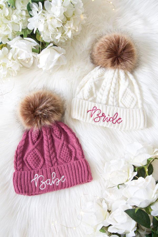 Babe and Bride Knitted Pom Pom Beanies